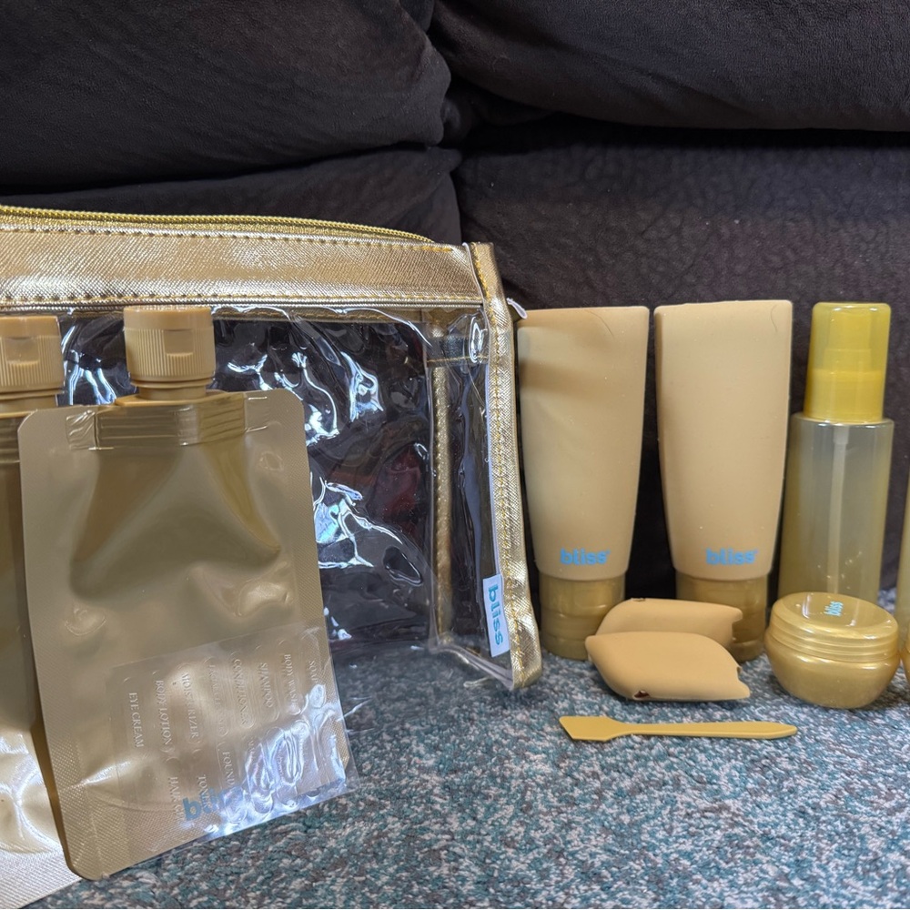 Bliss Beige and Gold Travel Skincare Set with Clear Pouch
